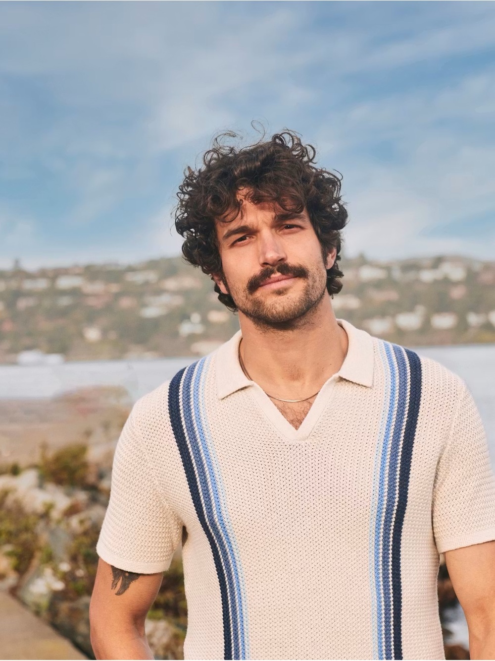 Marine Layer Conrad Sweater Polo Cream Knit Polo with Blue Stripe Accents - Picture 9 of 9